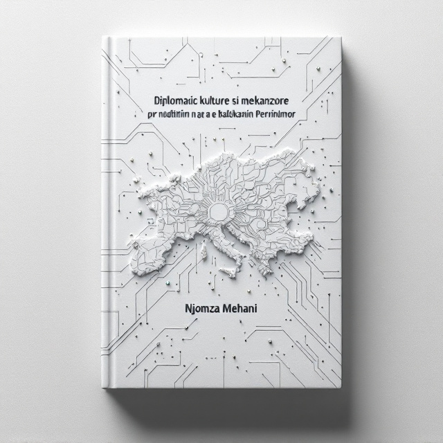 A white textured background with an embossed map of the Western Balkans as the central focus. The map is surrounded by intricate, futuristic, science-fiction-inspired circuitry patterns that symbolize connectivity, diplomacy, and innovation. A subtle gradient of grayscale shades radiates outward from the map, giving the design a modern and engaging feel. Small, glowing accents in blue and green are scattered to represent cultural and peaceful ties. The author’s name and title are placed strategically to follow the contours of the map's edges, creating cohesion in the design.