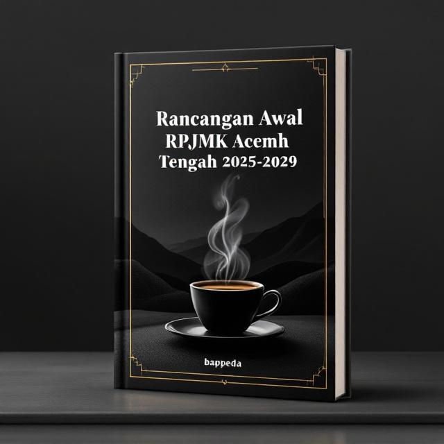 A central illustration of a steaming cup of coffee placed on a table in a high-contrast, black-toned setting. The background shows an abstract silhouette of a hilly landscape, subtly hinting at Aceh Tengah’s natural geography. Thin, sleek gold lines form a geometric frame around the edges, adding a sense of formality and sophistication. The title is positioned prominently above the coffee cup, with the author’s name at the bottom in smaller font.
