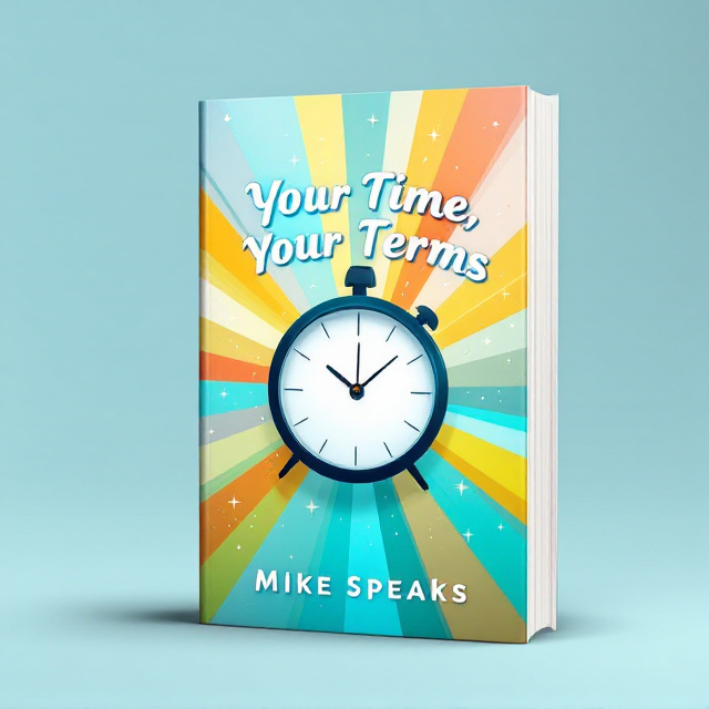 A bright and dynamic cover with an abstract yet recognizable clock face in the center, surrounded by vibrant, radiating beams of light in various colors—yellow, orange, and turquoise. The background is a gradient fade from light blue at the top to white at the bottom, evoking a feeling of openness and positivity. Subtle sparkles scattered throughout enhance the aura of energy and excitement.