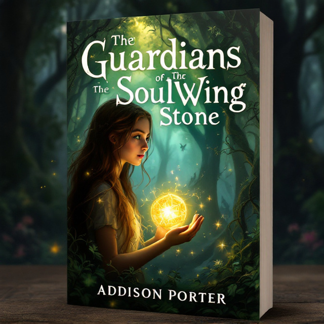A dense, enchanting forest with towering trees illuminated by scattered beams of sunlight. At the center of the cover, a teenage girl with long, flowing brown hair and piercing green eyes is depicted in a semi-profile view, gazing intently at a gleaming orb in her outstretched hands. The orb emits a soft, radiant yellow glow that bathes her face and surroundings. Surrounding the girl are subtle, mystical elements like faintly glowing specks, vines curling upward, and shadowy, fantastical creatures barely visible in the background, hinting at magic and mystery.