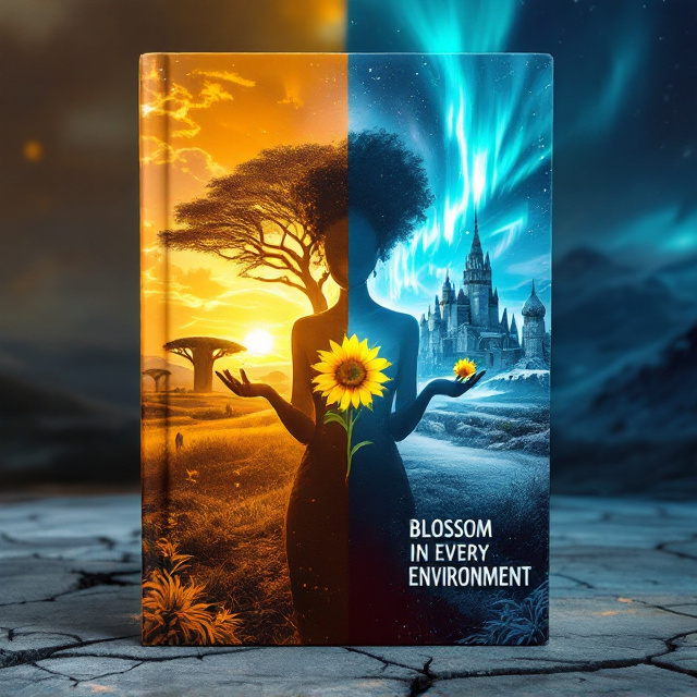 A radiant silhouette of Princess Zahara stands in the lower-left corner beneath a split sky. On the left side, a golden African sunset casts a warm glow over Nzaramu’s mud palace and majestic baobab trees, radiating resilience and cultural pride. On the right side, icy Northern Lights shimmer over an Icelandic stone palace enveloped in swirling snow. In Zahara’s outstretched hands one cradles a glowing seed, while the other nurtures a sunflower, its petals transitioning from warm gold to frost-tinged blue. The cracked concrete at her feet reveals a tiny, vibrant flower breaking through, symbolizing hope and perseverance. Geometric Afrofuturism patterns subtly frame the artwork, with soft transitions between warm/cool hues creating dynamic energy.