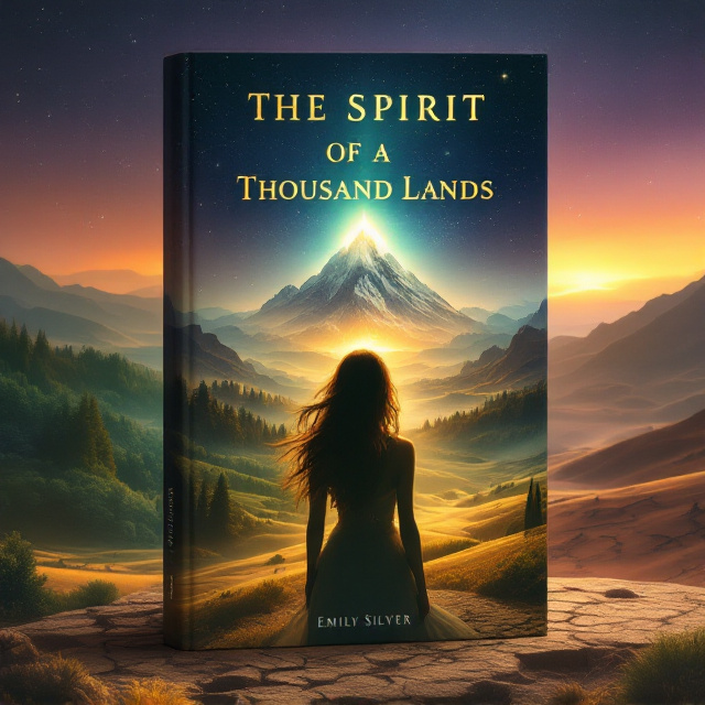 A sweeping, dreamlike landscape spans the entire cover, transitioning seamlessly from lush green forests on the left, to golden fields in the center, and ending with arid, cracked desert land on the right. In the foreground, a silhouetted figure of a woman with flowing hair stands confidently at the lower center, her back facing the viewer, partially veiled in light mist. In the distance, a luminous, glowing mountain peak rises ethereally, casting an otherworldly light that illuminates the various terrains. The sky is a gradient of twilight hues, from deep purples to soft oranges, filled with faint, sparkling stars.