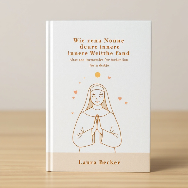 A minimalist line drawing of a serene nun standing with her hands pressed together in prayer, her face radiating peace and inner enlightenment. Above her head shines a glowing, warm yellow sun, out of which subtle, graceful heart shapes emerge, symbolizing love and fulfillment. The background is a soothing gradient of white fading into beige, with no clutter to maintain a feeling of simplicity and serenity.
