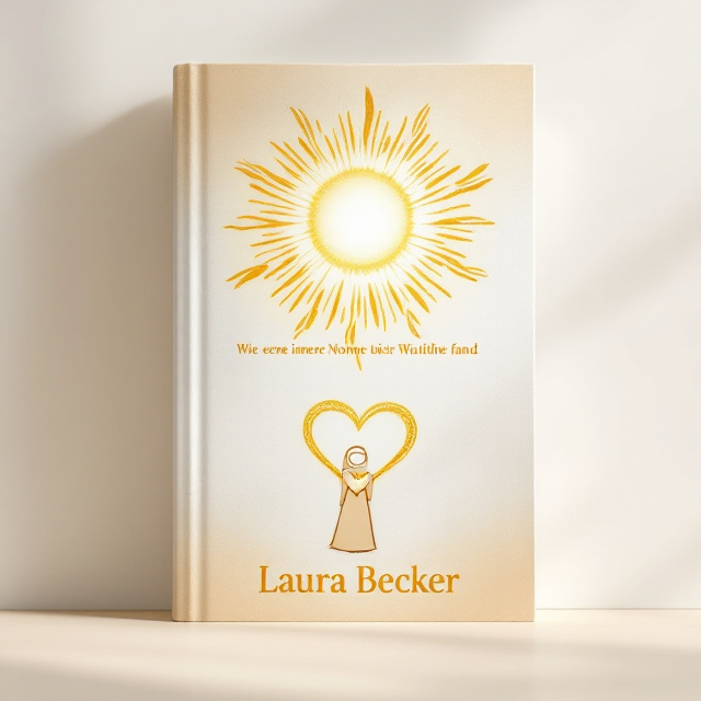 A glowing golden sun at the center of the top half of the cover, radiating warm light across the design. Beneath the sun is a tender heart outlined in golden strokes that seem to shimmer softly. On the lower half, a simple yet adorable stick-figure nun, dressed in a flowing beige habit, holds the heart in her slender arms, her pose suggesting peaceful contemplation. The background features soft, textured white and beige gradients, evoking a serene and spiritual mood.