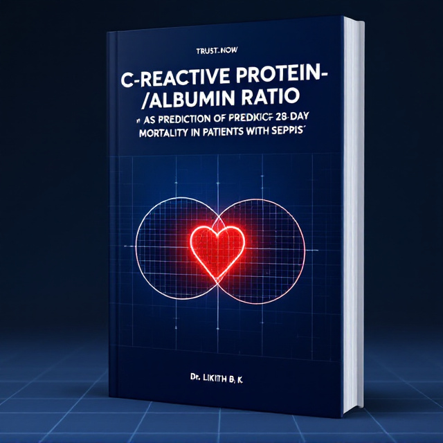 A sharp, minimalistic cover with a deep blue background symbolizing trust and science. The foreground showcases two overlapping circles or graphs, one representing "C-Reactive Protein" and the other "Albumin Ratio," forming a Venn diagram-like intersection. Within this intersection is a glowing red heart symbolizing mortality and the clinical focus. A subtle grid pattern runs across the background, evoking a scientific and medical theme.