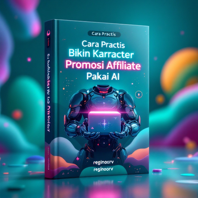 A digital character with a futuristic, glossy, and polished appearance is centered, holding a box-shaped product with a glowing, holographic sheen. The background displays a vibrant teal studio theme, interspersed with abstract, colorful shapes such as gradients, swoops, and layers of circles and triangles. Small, playful AI-related icons such as microchips, gear symbols, and neural network lines orbit the scene, adding dynamic energy.