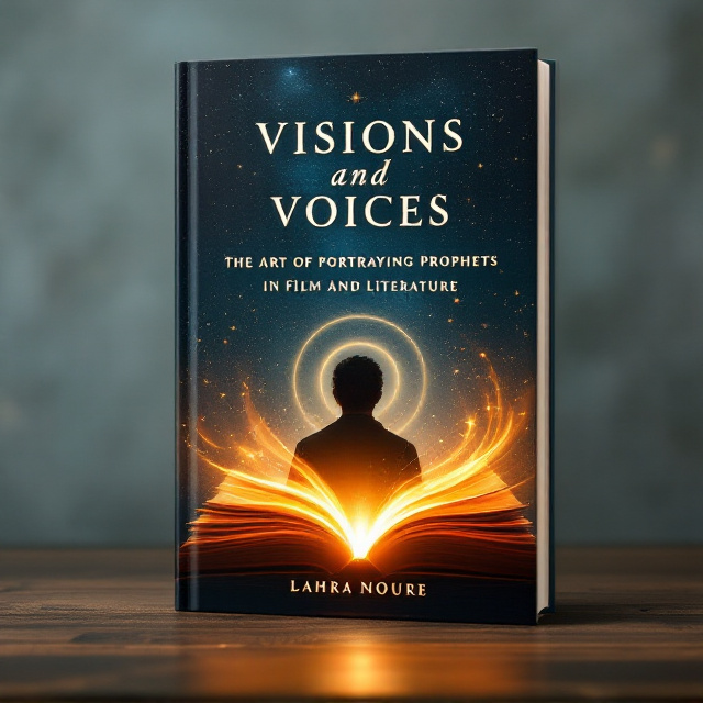 A central golden film reel gradually unfurling and transforming into pages of a glowing book, both elements encased in a warm gradient of sunset tones. In the background, a silhouette of a prophetic figure gazes upwards, set against a deep, textured blue sky adorned with faint, artistic constellations and a subtle gold halo around the figure's head.