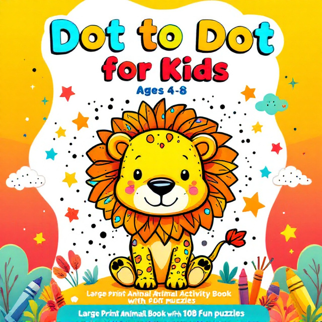 Bright and colorful illustration of a cute cartoon animal, such as a lion or giraffe, at the center, made partially from a dot-to-dot outline that looks incomplete. The animal is surrounded by colorful, playful objects like stars, clouds, and crayons. The background is a gradient of vibrant, kid-friendly colors like orange, yellow, and teal. In smaller elements around the borders, there are outlines of dots and shapes, reinforcing the dot-to-dot theme.