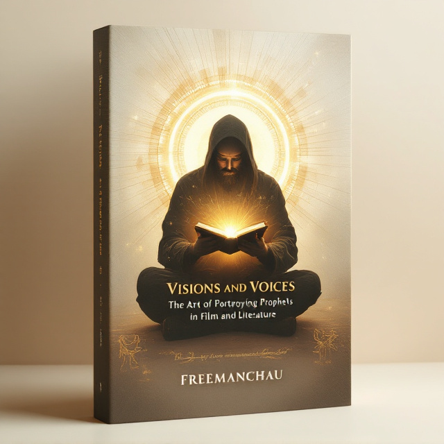 A silhouette of a storyteller seated cross-legged, holding an ancient book radiating a soft, glowing light. Around the silhouette, there is a radiant circle (halo-like) with faint abstract lines resembling waving film strips. The background is a faded gradient transitioning from soft beige to off-white. On the edges of the halo are faint renditions of mythological and historical figures like bearded prophets, a scribe, and shadowy winged beings, blending seamlessly into the radiance.