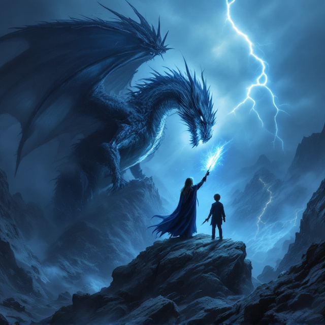 A dark, stormy sky fills the background with subtle streaks of lightning, blending seamlessly into a jagged mountainous silhouette. A majestic dragon, detailed in shades of silver and glowing blue fire, is perched on an outcropped rock in the foreground. To the right, standing defiantly, is a 14-year-old girl in a flowing, navy-blue cloak, holding up a shining amulet. Beside her stands a 15-year-old boy with a sword raised and glowing faintly. In the shadows, an old evil man with a sinister grin watches intensely with an aura of dark magic swirling around him, while a kind and wise old man peeks out from behind the dragon with a supportive expression. Subtle ethereal hues, especially dark blue and silver, dominate the color palette.