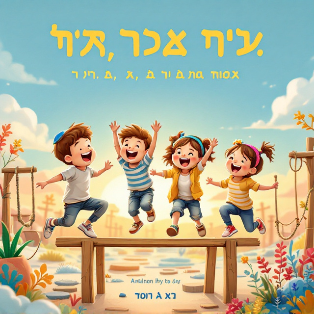 standing book mockup, Its title is "סיפורים קטנים, על ילדים גדולים". Its author name is אורי עמר.  Four children are depicted in front of a bright and open playground-like setting filled with fun obstacle courses wooden hurdles, a rope swing, and stepping stones. Two boys wearing colorful kippot and two girls with cheerful hairbands are in the middle of laughter and determination as they leap over a wooden hurdle together. The background is painted in pastel light blue (תכלת בהיר מאוד), with a warm golden sunset glow peeking through the horizon. A playful yet clean font, with rounded edges, is chosen. The title "סיפורים קטנים, על ילדים גדולים" is prominently placed at the top in a deep navy-blue color, contrasting the light-colored background. The author's name, "אורי עמר," appears at the bottom right corner in a smaller cursive-style font in soft gold., Title at the top in large, bold navy-blue font. The playful illustration of the four children in the center takes up the majority of the cover, with their joyous expressions and dynamic actions highlighted. At the bottom corner, the author's name sits in a flowing, elegant script font for contrast.