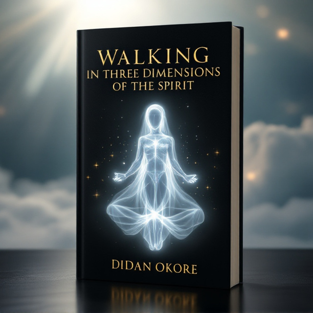 A ghostly, translucent spirit figure divided into three interconnected forms hovers in the center of the cover. The forms radiate an ethereal glow while representing different postures that imply movement or transformation. The background depicts a subtle daylight scene, with soft clouds and radiant beams of light breaking through. The black foreground subtly frames the design, creating a contrasting silhouette effect.