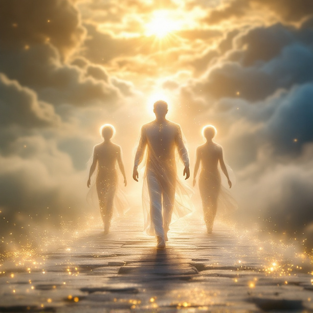 A radiant, glowing spiritual figure is depicted walking purposefully on a broad, ethereal path. Surrounding the central figure are three translucent, spirit-like incarnations of the same figure arranged in ghostly motion, showing simultaneous strides—the trio is slightly elevated and glimmers faintly in whites and blues. The setting is a serene daylight scene filled with golden sunlight, breaking through soft clouds in a slightly hazy, supernatural atmosphere. The background features a touch of celestial imagery, such as faint suggestions of a horizon where heaven meets earth surrounded by symbolic halos.