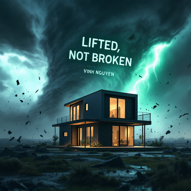 A dramatic, photorealistic image of a sleek, modern modular home standing resiliently amidst a swirling tornado. The scene shows debris flying in the wind, with dark, ominous storm clouds as the backdrop. A streak of bright green light, appearing like an ethereal glow around the house, signifies hope, sustainability, and resilience. The foreground and midground emphasize the tornado's ferocity, further highlighting the contrasting strength of the home.