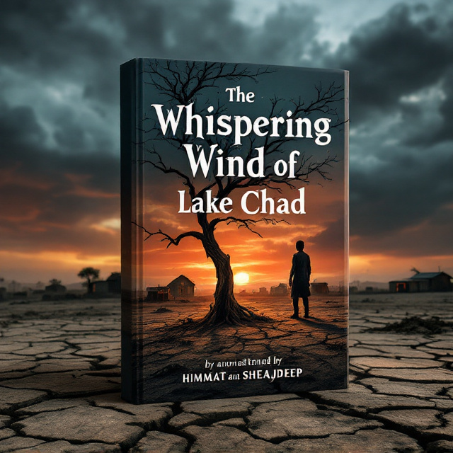A hauntingly dry landscape of a village surrounded by cracked, barren soil stretches across the cover page. A lone twisted tree stands amidst this wasteland, with its sparse leaves floating away in the dry wind. In the background, silhouettes of huts, rusted and tired, loom under a foreboding sunset with hues of red, orange, and yellow peeling into the dark sky. A shadowy figure wearing tattered clothing appears in the foreground, looking into the distance, symbolizing adventure and desolation. The wind moves visibly through the scene with thin swirls, whispering through the horizon.