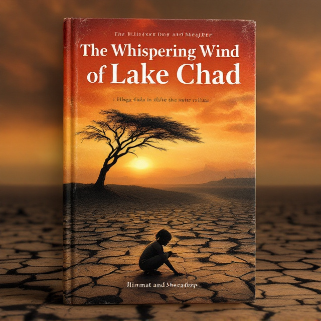 A panoramic scene of a barren, cracked earth landscape in Baga Sola, Chad, with a single, wind-swept tree silhouetted against a dramatic, fiery sky. In the foreground, a determined girl is seen kneeling, examining the ground, symbolizing her quest to solve the water crisis. The colors transition from reddish-gold on the horizon to deep orange and yellow, adding intensity and a sense of urgency.