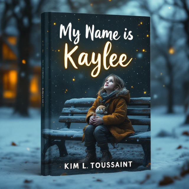 A small girl, Kaylee, sits on a bench in a dimly lit park. Her ragged coat is too big for her, and her sneakers are worn. Snow lightly falls around her. Behind her in the distance is a faint outline of a warm, lit-up house with a glowing yellow window. She is holding a stuffed animal close to her chest, her face a mix of fear and hope as she looks up at the stars. Warm tones gently blend into the scene near the house, as if a hopeful light is trying to reach her.