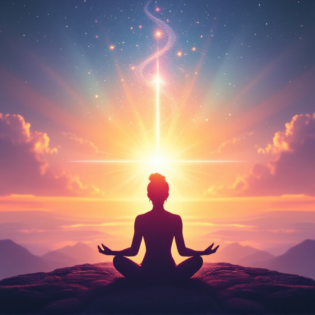 A sunrise on the horizon, with rays of light radiating upwards, symbolizing clarity and hope. In the foreground, a silhouette of a person meditating or celebrating is surrounded by gold and pastel tones. A subtle swirl or upward spiral of vibrant hues emerges from their head, visually representing the active and thriving mind.