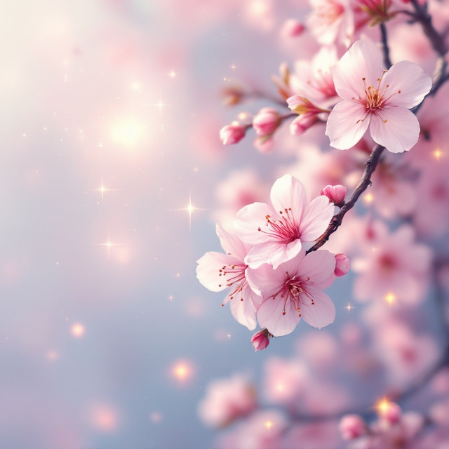 A serene and dreamlike scene featuring a close-up of pink and white cherry blossoms in full bloom, against a soft watercolor-esque background. The cherry blossoms seem to dissolve into the sky, which gradients from soft lavender to midnight blue, with faint sparkling stars to hint at the fantasy genre. A subtle glowing aura surrounds individual blossoms, giving a magical feeling.