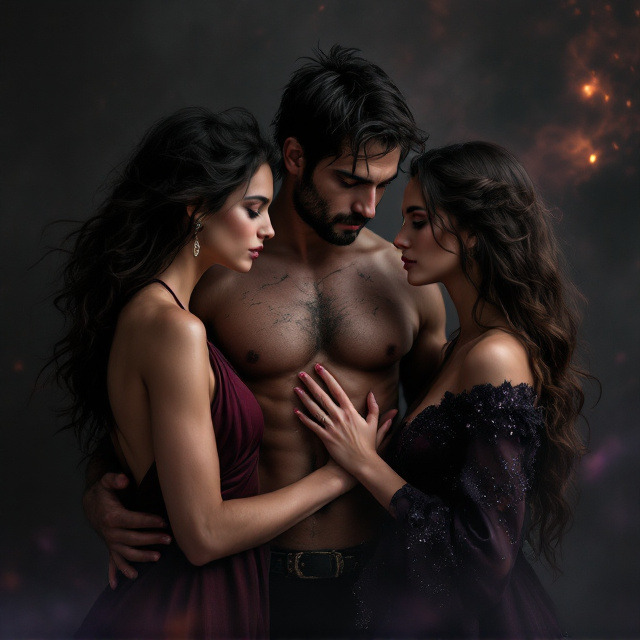 The cover features a dark charcoal backdrop with subtle textures resembling ash and embers to hint at the protagonist’s many lifetimes burned and rebuilt. Centered in the composition stands the adult man, his dark hair slightly wind-tousled, scars prominent against his shadowed face and upper chest, exuding a rugged vulnerability. On his left, his wife in the wine-colored backless halter dress gazes longingly into his eyes, her figure turned slightly toward him, her pose evocative and elegant. On his right, the second woman with long wavy hair in a midnight purple, sparkly gown delicately rests her hand on his arm, also looking into his eyes with deep curiosity. The faint flicker of ethereal purple and red light frames them, giving the scene a haunting but magnetic glow.