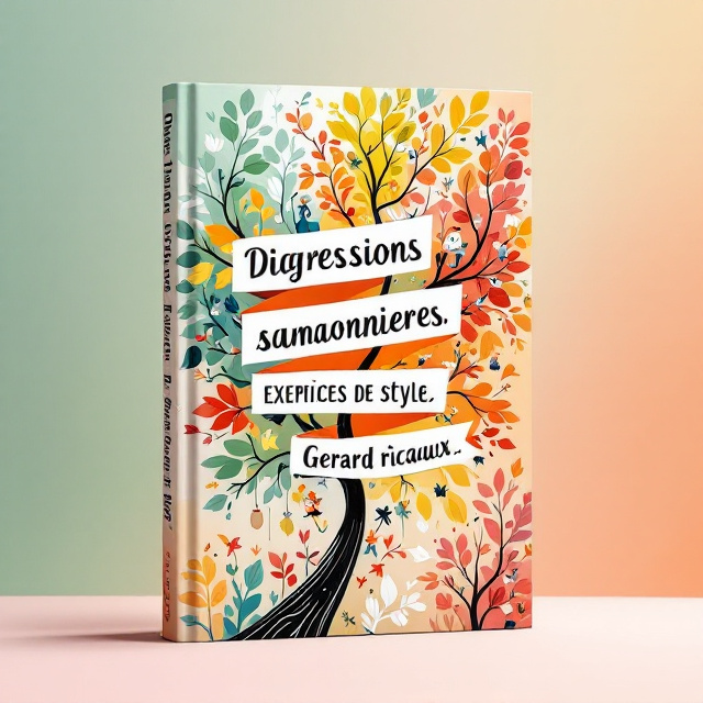 The cover bursts with a swirl of vivid colors, resembling abstract, seasonal trees—leaves transitioning in hues of green, orange, red, and white. Each 'season' is subtly woven within the shapes of quirky characters, humorously engaged in peculiar activities, such as juggling books or tipping hats. The background is a gradient of soft pastel, blending between the colors of the trees to give a sense of flow and seasonality. A playful ribbon streaks across the center, whimsically encasing the book title.