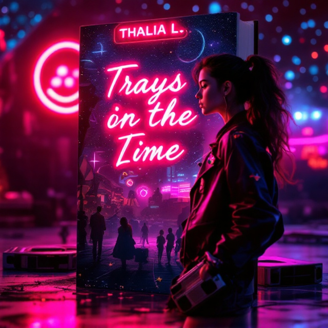 A neon-lit retro cinema marquee is the central element, glowing with vibrant pink and red lights, casting a nostalgic 80s vibe. In the background, there's a VHS tape partially unraveled, with its spool forming faint silhouettes of characters reminiscent of iconic 80s movies (a couple dancing, a car, teen groups, etc.) against a backdrop of a starry night. The foreground features a modern girl standing in an oversized leather jacket with colorful 80s-style pins, holding a Walkman and looking over her shoulder. Her stance exudes action and curiosity—a perfect mix of romance and adventure. The edges are styled to resemble static on an old television screen to strengthen the VHS-era feel.