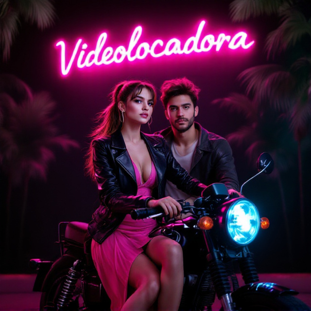 A vibrant scene featuring a young brunette woman with her hair tied in a ponytail. She sits confidently on an iconic 80s motorcycle, wearing a striking pink shocking dress paired with a black leather jacket. The pastel glow of a vintage neon sign reading "Videolocadora" reflects onto the scene, contrasting with the black background. Behind the woman, a charming young man leans slightly, sitting on the motorcycle's garupa (passenger seat), holding up a VHS tape. The overall image is framed with palm tree silhouettes and faint VHS tape wrinkles, evoking a retro 80s vibe.