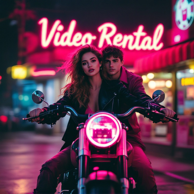 A vibrant 1980s-themed cover. The focus is on the girl on a retro motorcycle with bold, hot pink and black accents. She's wearing a shocking pink dress and a black leather jacket, with volumized hair reminiscent of 80s pop culture. Behind her, the boy has a rebellious look, holding a VHS tape confidently as they ride against the backdrop of a neon-lit video store with a glowing "Video Rental" sign. The headlights of the bike cast a soft red and pink glow, adding a romantic yet nostalgic touch. The cassette tape floats in the air, unraveling to form the book title between them.