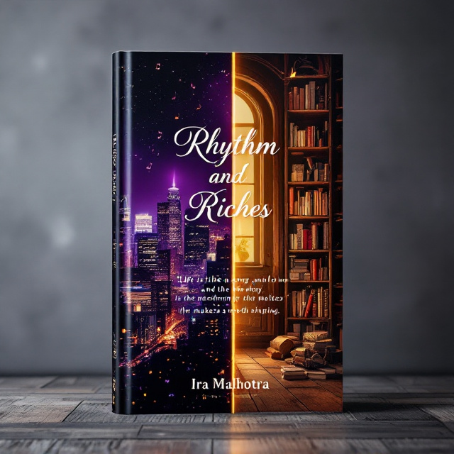 A split design with the left side depicting a modern, bustling cityscape at night, filled with twinkling lights and skyscrapers, bathed in deep shades of purple. The right side transitions smoothly into the serene, warm tones of an old, rustic library with worn wooden shelves filled with books, lit softly by golden light. Centered between the halves lies the book title, "Rhythm and Riches," in elegant typography, with the quote below it, “Life is like a song, and love is the melody that makes it worth singing.” A faint overlay of musical notes subtly binds the two sides together, creating a sense of connection between the worlds of the city and the library.