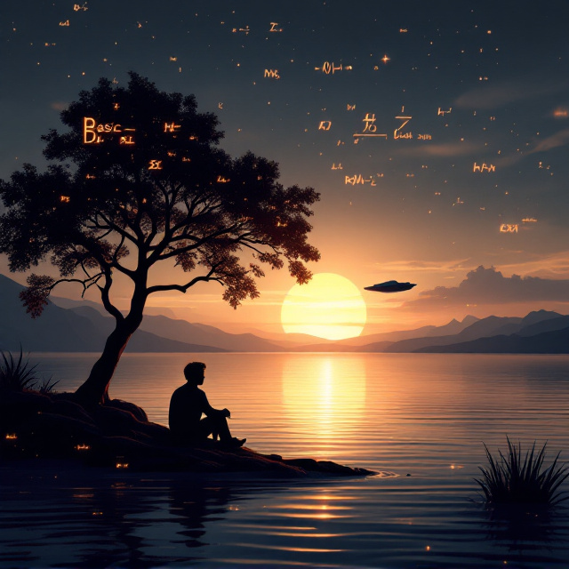 A tranquil evening scene with blackish-grey tones dominating the background. A serene body of water reflects a golden sunset with faint rippling waves, on which various mathematical equations and symbols float ethereally, glowing faintly. The silhouette of a boy sitting under a sprawling tree is in the foreground. Above the horizon, a spaceship glides silently, adding an element of futuristic intrigue.