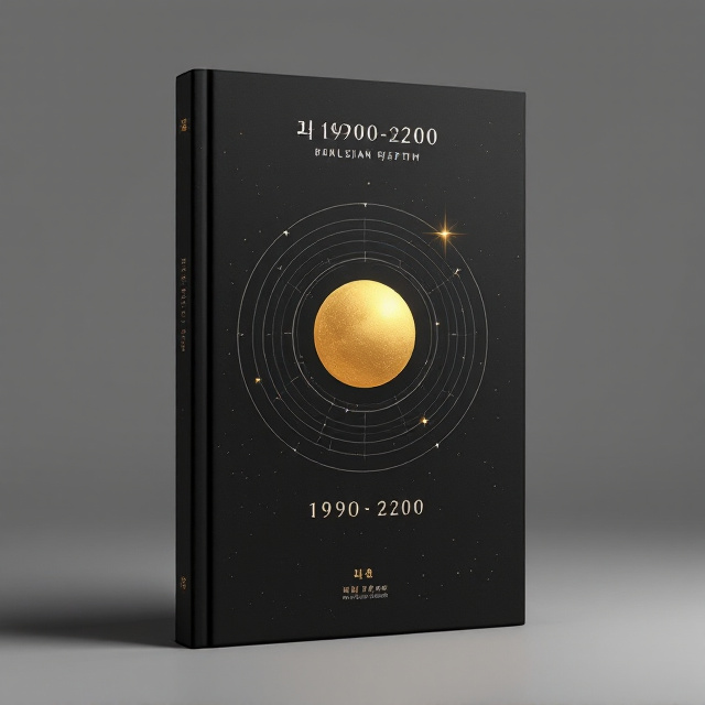 The cover is predominantly black, with a minimalist celestial design. A golden circular representation of the sun sits in the center, surrounded by orbit-like thin white lines symbolizing Earth's rotations and revolutions. The lines shimmer subtly to evoke the cosmic relationship. Above the sun, the 24 divisions of the year are marked in minimal golden symbols forming a subtle arc. Below the sun, the years "1990-2200" are faintly inscribed in silver, with the texture resembling stardust. Tiny star-like specks spread across the black background for added depth.