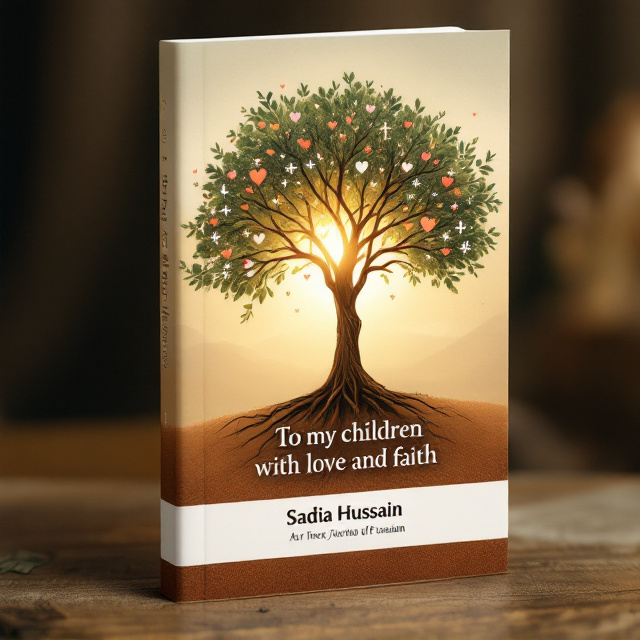 A serene scene of a tree with deep roots and outstretched branches, set against a backdrop of a soft golden sunrise. The tree symbolizes love and faith, with small symbols like hearts and crosses intricately woven into the leaves and branches. The branches reach out to the sky while the roots are buried firmly in a rich, earthen ground, symbolizing spiritual grounding. The natural color palette includes shades of beige, soft green, and warm earthy tones. The author’s name is subtly placed below the title in a complementary font with a calm white band toward the bottom of the cover.