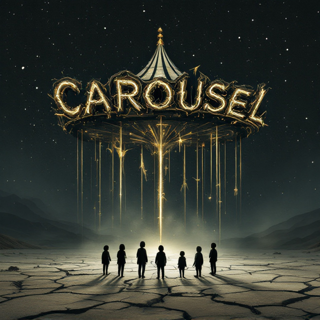 A broken-down carousel floats ominously above a cracked desert landscape under a pitch-black night sky sprinkled with faint stars. The carousel's paint is peeling, its golden horses distorted into half-melted monstrosities. In the foreground, seven small silhouettes of children stand clustered, gazing up at the floating carousel, their posture uncertain—some reaching, some turning away. A thin, glowing mist threads through the air, adding a supernatural touch.
