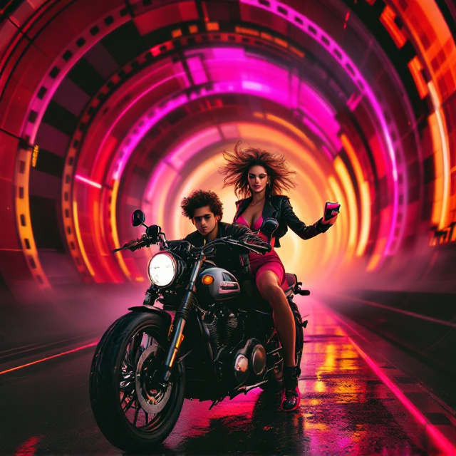 A vibrant scene depicts an audacious girl on an ’80s-style motorcycle, shaded in sleek black with neon pink highlights. She's decked out in a bold pink shocking dress and a structured black leather jacket adorned with metallic accents. Her hair is coiffed into a voluminous ’80s style, blowing in the wind. Behind her sits a confident, rebellious boy in a matching leather jacket clutching a nostalgic VHS tape. The duo is emerging dramatically from a swirling "time tunnel," rendered as an old-style film reel glowing in hues of pink, red, and gold. The backdrop transitions from a dark, smoky black to a vivid crimson at the edges, creating a cinematic yet playful tone.