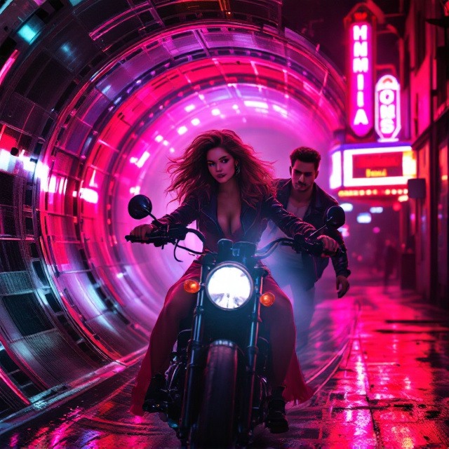 The cover features a vibrant, cinematic scene of a girl dressed in a shocking pink dress paired with an edgy 1980s black leather jacket. She’s sporting voluminous 80s hair as she rides a sleek vintage motorcycle. Behind her on the passenger seat is a bad boy in a matching leather jacket, his rebellious smirk completing the look. Both are emerging from a “time-tunnel,” which resembles an unraveling roll of VHS film, transitioning into a backdrop of bright neon lights, a retro cinema marquee, and faded 80s urban cityscape. Colors primarily revolve around black, pink, and red, with highlights of glowing neon accents.