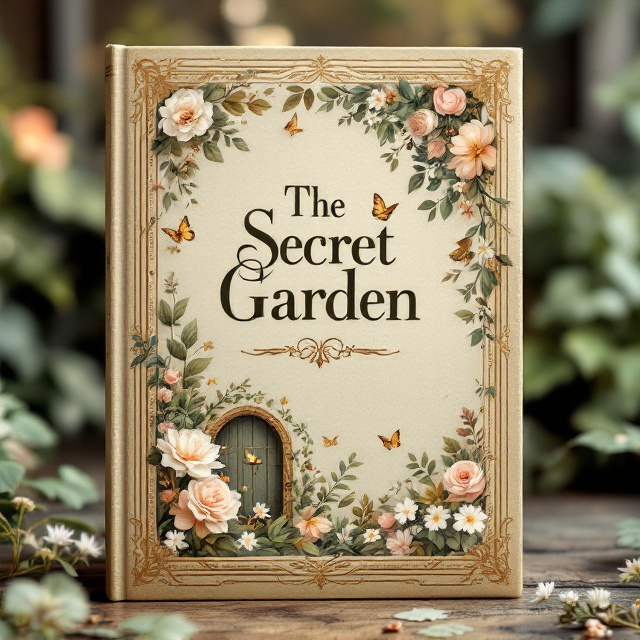 A soft, muted earthy brown background resembling aged paper with a vintage texture. An ornate floral border frames the perimeter of the cover, illustrated with finely detailed botanical drawings of roses, ivy, and daisies in pastel greens and pinks. The center features a subtle watercolor illustration of a secret garden door partially obscured by ivy. Surrounding the door are layered floral clusters with tiny birds and butterflies resting on leaves and petals for added enchantment.