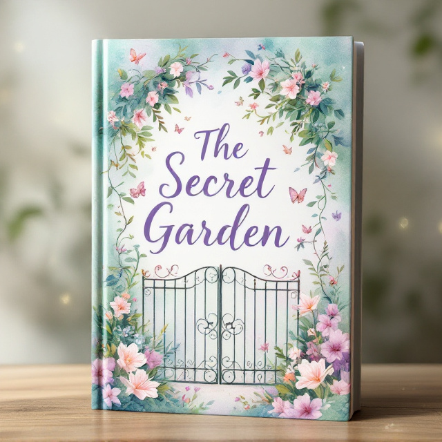 A dreamy watercolor illustration dominates the front cover. In the center of the composition is a slightly ajar wrought-iron garden gate painted in soft pastel greens and lilacs, surrounded by an explosion of blooming floral vines, butterflies, and small birds rendered in flowing watercolor patterns. Subtle rosy pink accents add warmth to the ethereal scene, and faint halos of diffused light suggest the magical feeling of discovery beyond the gate.