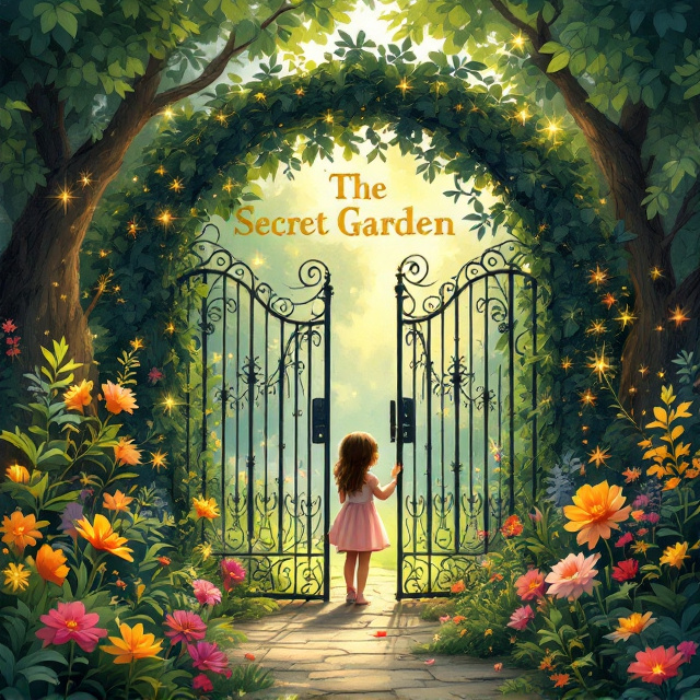 A lush, hand-drawn garden filled with whimsical details like vibrant talking animals, floating magical sparkles, and softly glowing flowers. The centerpiece is a curious child dressed in pastel colors, peeking through an ornate wrought-iron gate entwined with ivy and glowing golden blooms. The background is filled with layers of greenery, softly glowing sunlight streaming through the trees, and a playful balance of soft yellows and warm earth tones.