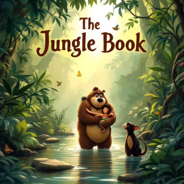 A lush jungle scene featuring Mowgli holding onto Baloo’s back while Baloo strolls through the forest river, with Bagheera observing calmly from a nearby tree branch. Sunlight filters through the dense foliage, creating dappled lighting on characters and showcasing vibrant forest greens and earthy browns. Intricate hand-drawn illustrations depict detailed leaves, vines, and wildlife such as birds and butterflies.