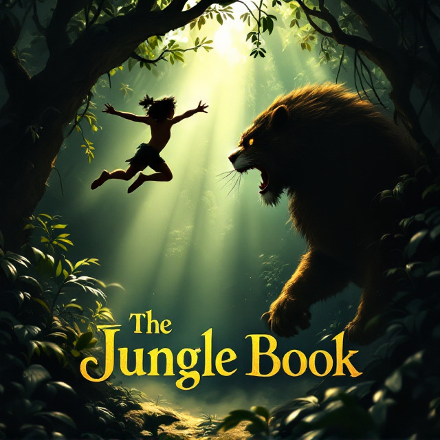 A bold and dramatic illustration of Mowgli leaping from a tree branch with his arms outstretched, facing Shere Khan in mid-roar. The backdrop is a dense, shadowy jungle with shafts of sunlight penetrating through the canopy, creating a spotlight effect on the characters. The jungle appears rich and untamed, with wild vines, towering trees, and glowing animal eyes scattered in the background. A slight mist softens the lower half of the composition to add depth.