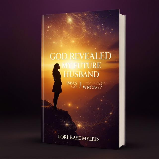 A silhouetted figure of a woman stands on a cliff edge at sunset, gazing pensively over a serene, glowing horizon. Behind her, faint radiant light forms the impression of a spiritual aura, emphasizing divine guidance. The background transitions seamlessly from deep purple to golden hues, invoking a sense of mystery and inspiration. A subtle overlay of delicate, swirling fractal patterns adds texture to the composition.