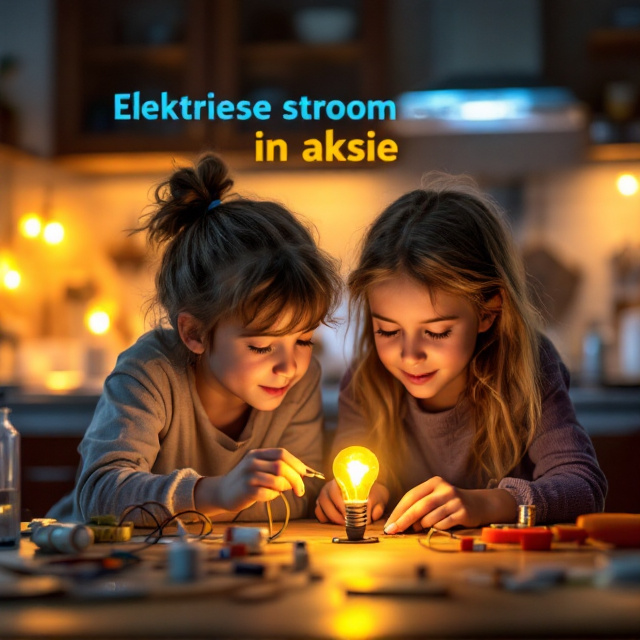 Two curious 12-year-olds at the center of the cover, their faces lit by the glow of a small lightbulb that’s part of an electrical circuit they’re working on. The background is a homely, warmly lit kitchen with faint details like cabinets and a counter, providing a cozy feel. The experiment is set on the kitchen table with a few basic tools and materials (wires, batteries, and other circuit components) scattered around, drawing attention to the action. The title sits in the top third of the cover, bold and dynamic, while the author’s name rests neatly at the bottom.