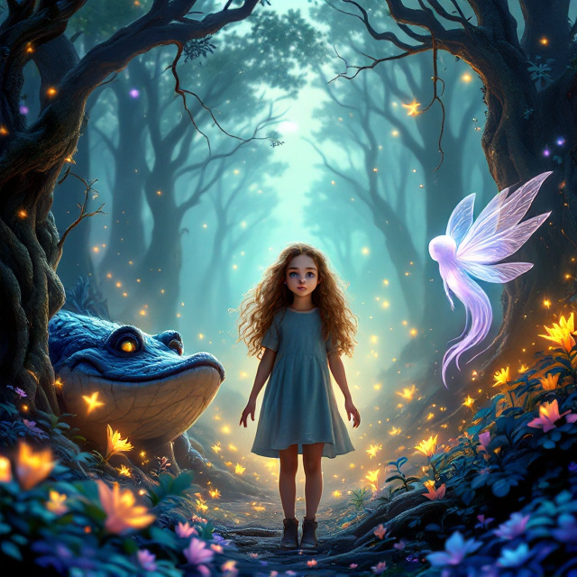 The central focus is a 12-year-old girl with long, curly brown hair cascading past her shoulders and striking blue eyes. She stands in the middle of an enchanting, glowing magical forest bathed in radiant hues of teal, gold, and violet. The bunyip, a mythical creature resembling a large, amphibious beast, lurks protectively near her on the left side, partially shrouded in mist. On her right side, an ethereal old ghost fairy with translucent wings and a faint golden aura floats gracefully. The forest backdrop features towering trees with twisting roots and glowing flowers scattered across the ground, radiating an inviting ambiance of joy and mystery. Wisps of light swirl throughout the scene, adding a touch of enchantment.