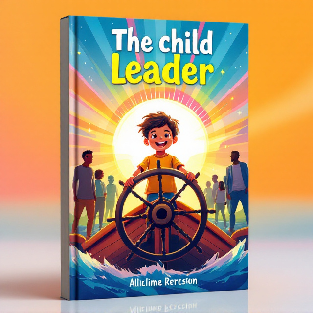 A vibrant and colorful illustration of a child standing confidently at the helm of a ship, steering through calm but vibrant seas. The ship’s wheel radiates light, symbolizing leadership and guidance, while other multicolored rays extend outward as if the child is illuminating his world. In the background, a sunrise casts a golden glow, signifying hope and new beginnings. The child is depicted smiling, with diverse silhouettes of peers in the background, suggesting encouragement and teamwork. The overall color palette is cheerful, with warm hues like yellow, orange, pink, and soft blues, tied together harmoniously.