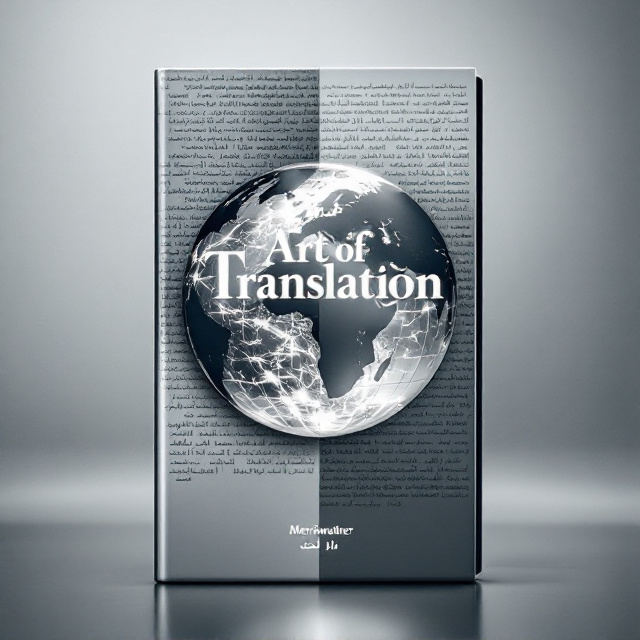 A striking composition featuring a split background, one half covered in Arabic script in a calligraphic style, and the other half in English letters in a sleek, modern font. The boundary where they meet features a dissolving effect, symbolizing the fusion of two languages. A semi-transparent globe in the center symbolizes global connectivity. The title "Art of Translation" appears prominently across the globe, with a soft glow effect.