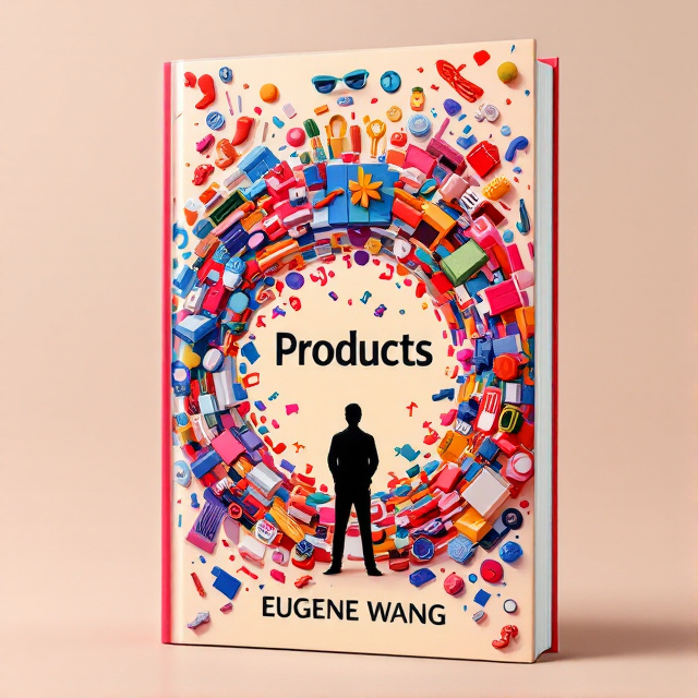 A vibrant, glossy cover featuring a surreal arrangement of various consumer products like shoes, sunglasses, books, and kitchenware. These objects are artistically scattered in a swirling, colorful pattern against a backdrop of soft pastel hues. A silhouette of the author, Eugene Wang, stands in the center, gazing upward, as though reflecting on the objects around him.