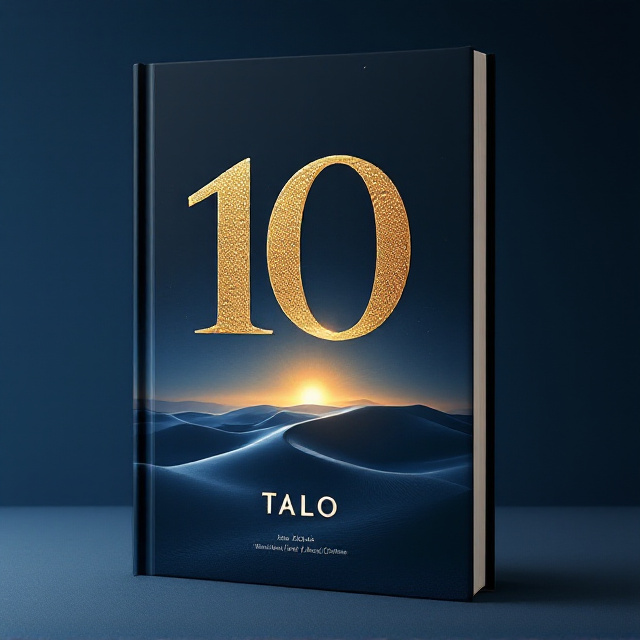 A minimalistic design with a dramatic dark blue sky blending into desert hues at the bottom. In the center, a large emblazoned numeral "10" is carved into sand dunes, with faint wisps of light streaming from it. The horizon holds a distant sun that resembles an intricate Qorax (sun-like) symbol, glowing brightly. The background is minimalist to emphasize a sense of limitless potential and determination.