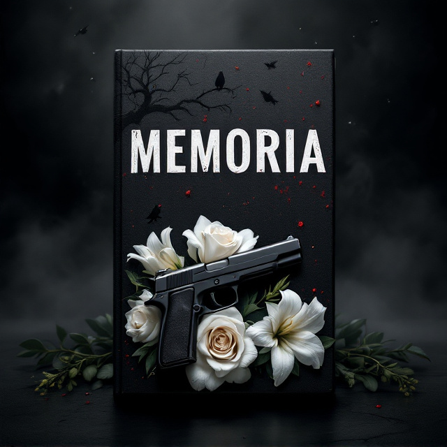 A haunting black background with the silhouette of a twisted, leafless tree at the top left corner. Crows are scattered across the cover, some perched on the branches of the tree, and others in mid-flight. The white rose and white lilies lie prominently across the lower half of the cover, stained lightly with splatters of red, hinting at violence. A sleek handgun rests diagonally atop the flowers. Wisps of fog subtly curl around all elements, creating a mysterious and ominous atmosphere.