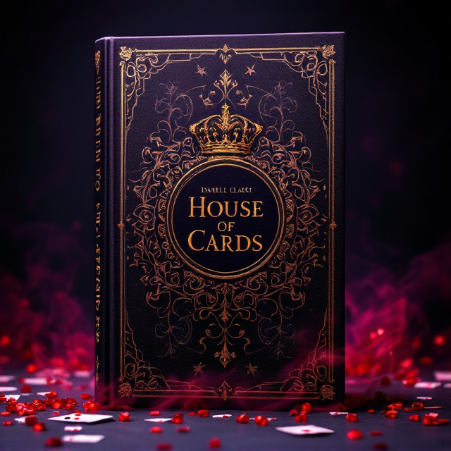 A dark purple background with deep shadows hinting at mystery and danger. In the center, an ornate crown with Victorian copper detailing sits surrounded by intricate patterns. The crown is framed within a circle of subtle golden accents, with soft tendrils of red mist flowing outward. Faint imagery of playing cards scattered subtly in the shadows adds to the theme of high stakes.