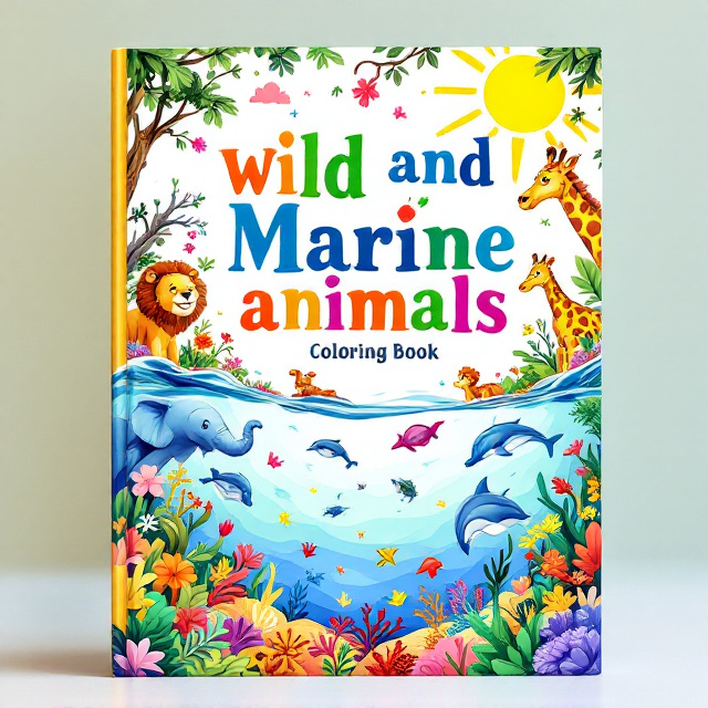 A vibrant cover featuring a split scene. The upper half showcases colorful wild animals like a lion, elephant, and giraffe framed within a jungle setting with lush greenery and blooming flowers. The lower half transitions to an underwater marine scene with dolphins, turtles, and a coral reef depicted in soft, playful hues. The backgrounds merge subtly where land meets the sea. A bright sun on the horizon ties both scenes together. The illustrations are dynamic, with whimsical animal expressions that invite engagement.